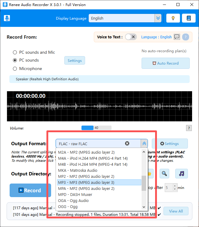 Supported output audio formats in Renee Audio Recorder X