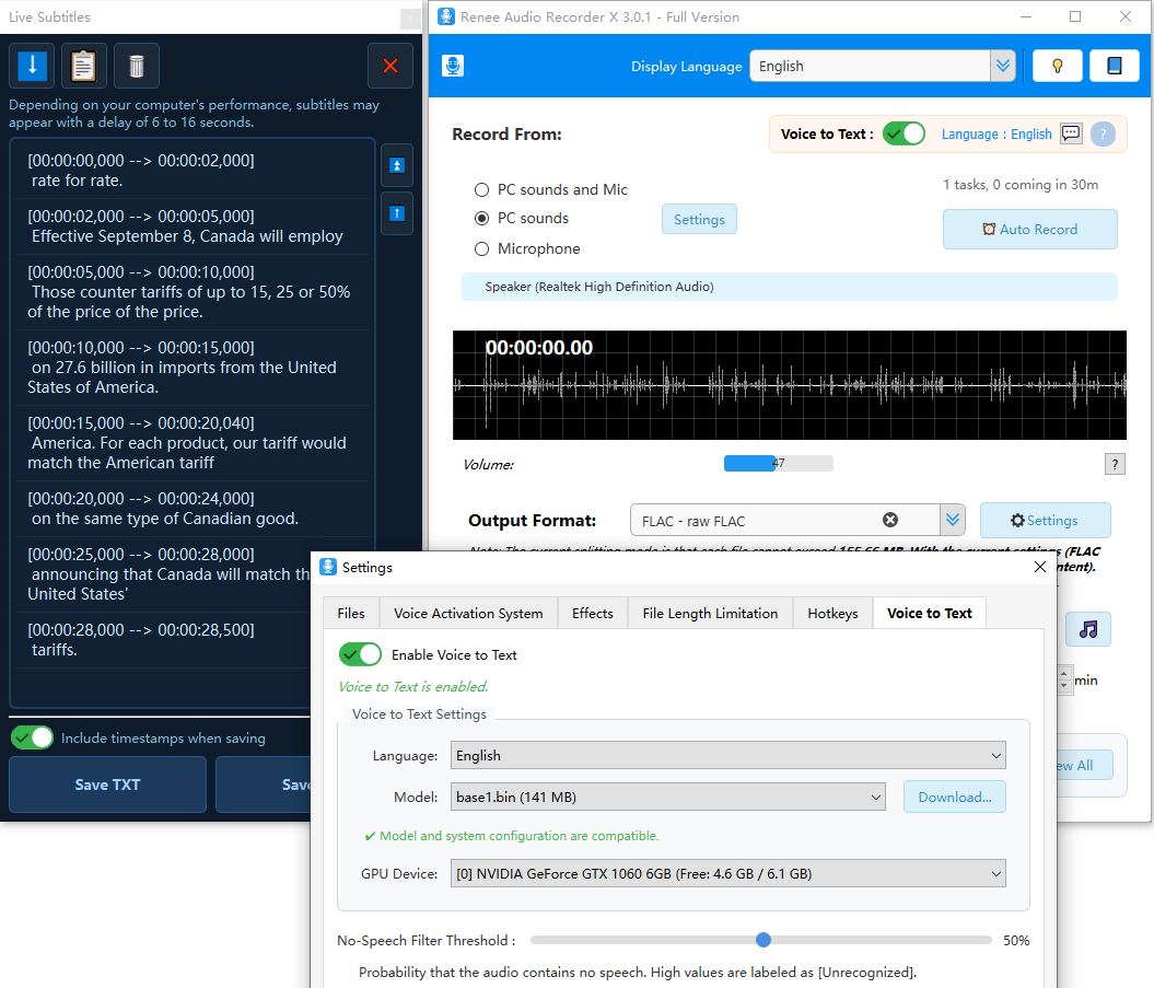 Voice to text and live subtitle settings in Renee Audio Recorder X